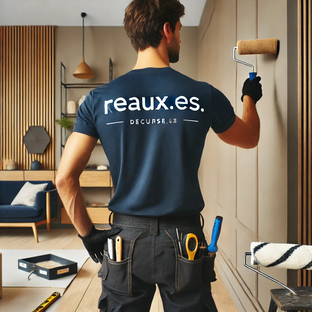 Trabajador realizando reformas de hogar económicas con 'REAUX.ES' en la parte trasera de la camiseta.